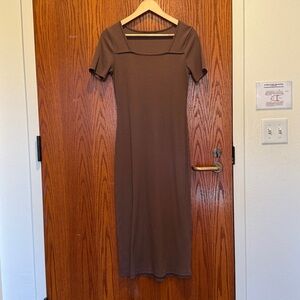 Classic Square Neck Brown Knit Midi Dress